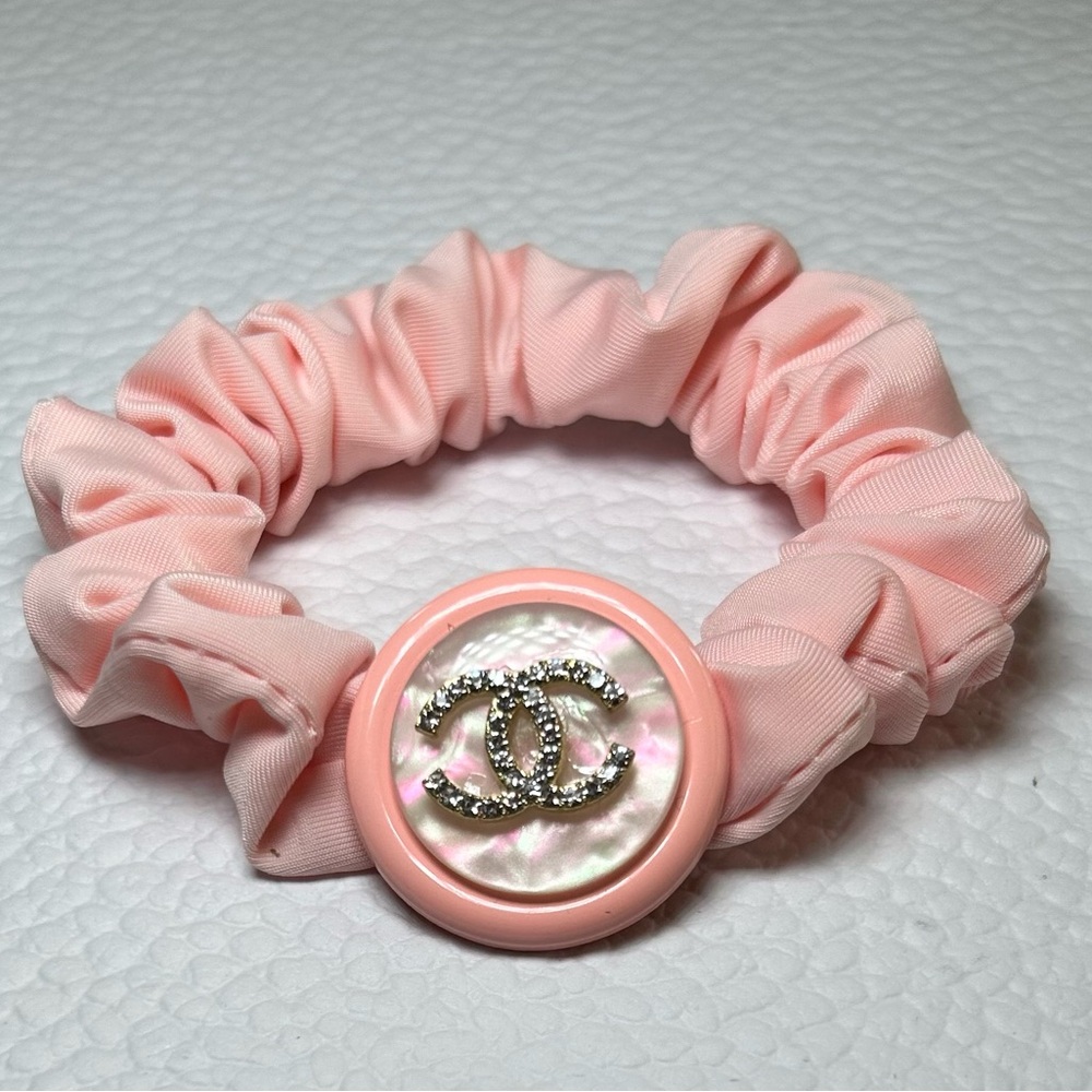 CHANEL Pink Satin Scrunchie with Rhinestone CC Button